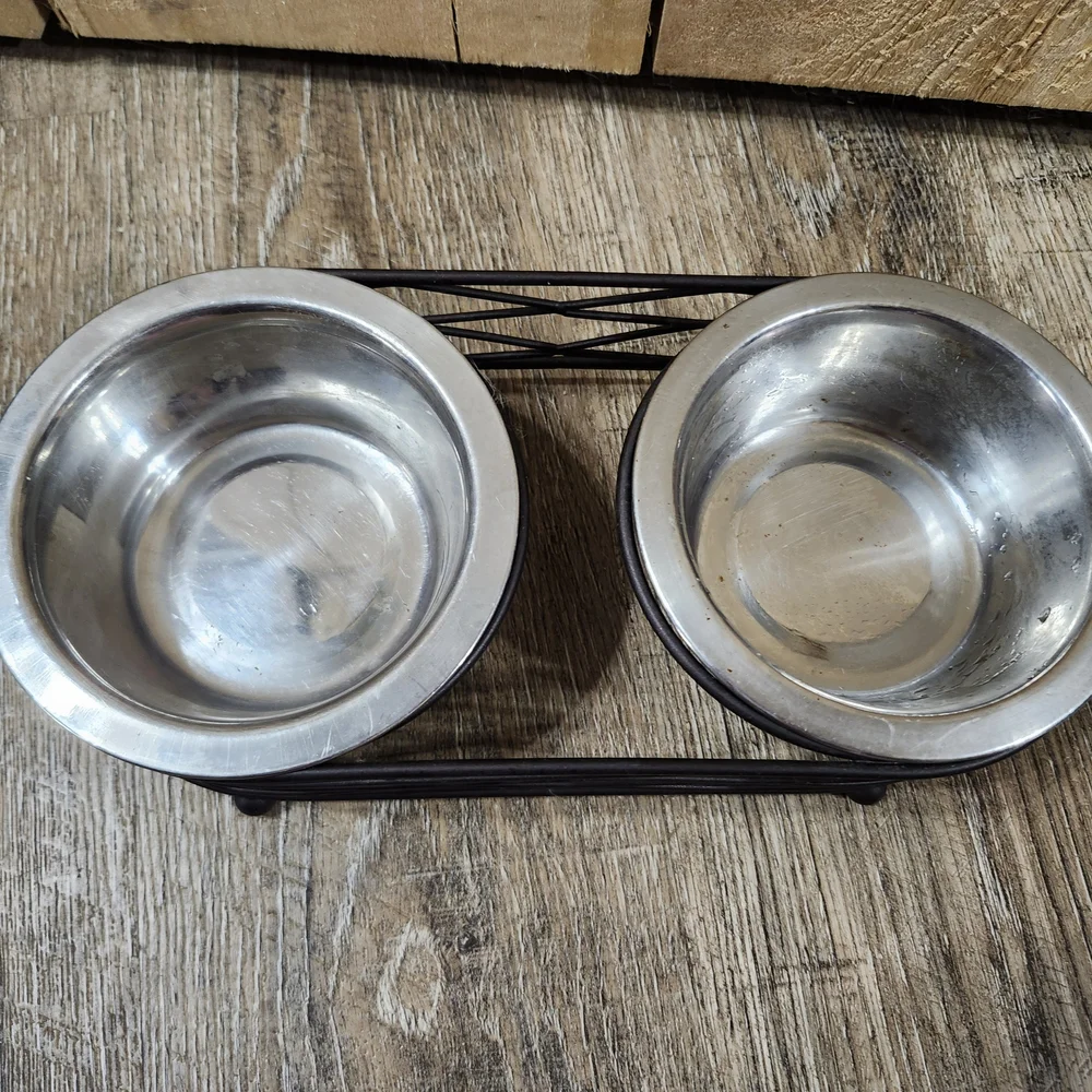 Metal Double Pet Bowl with Black Wire Stand